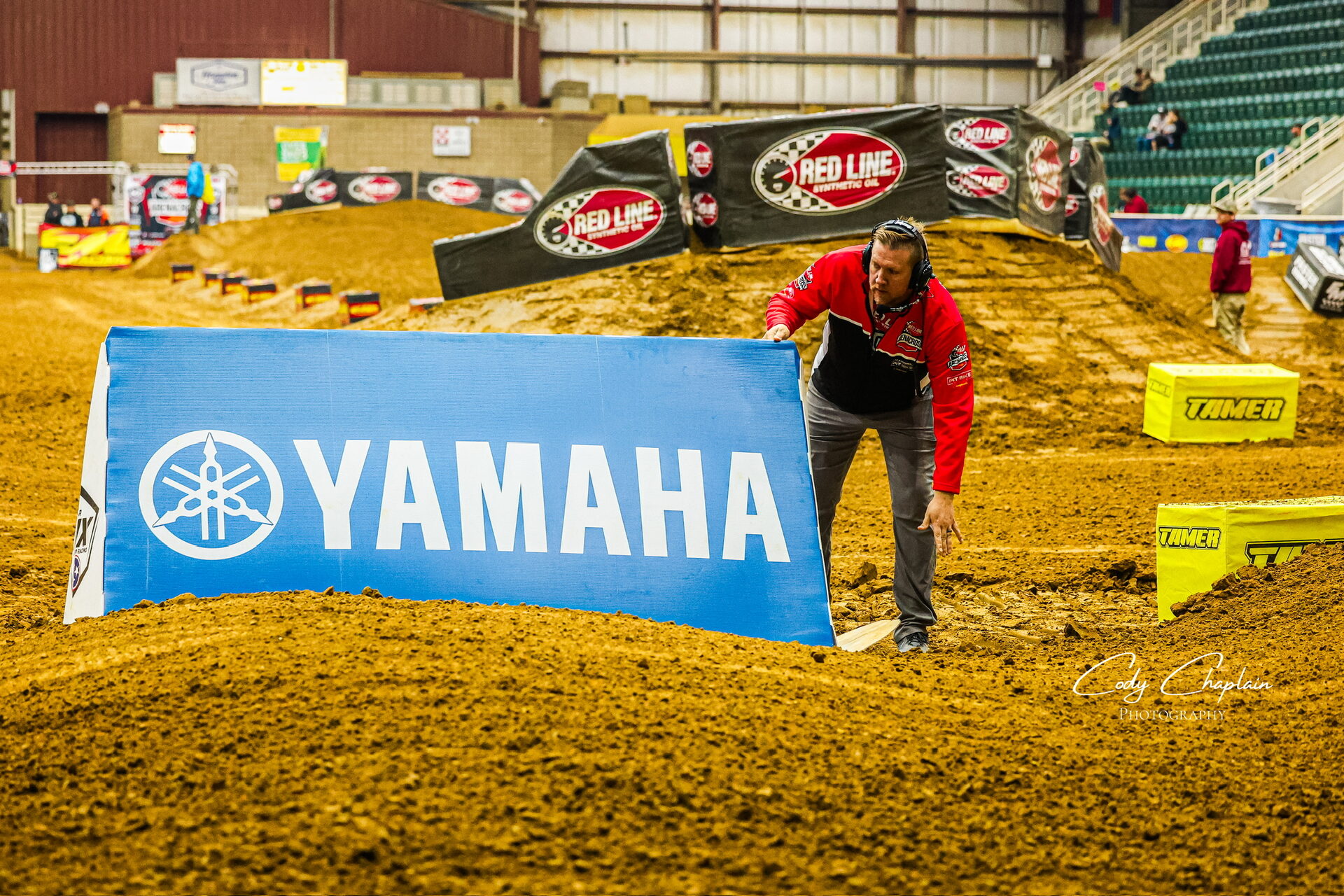 Pit bike staged in the branded pit area
