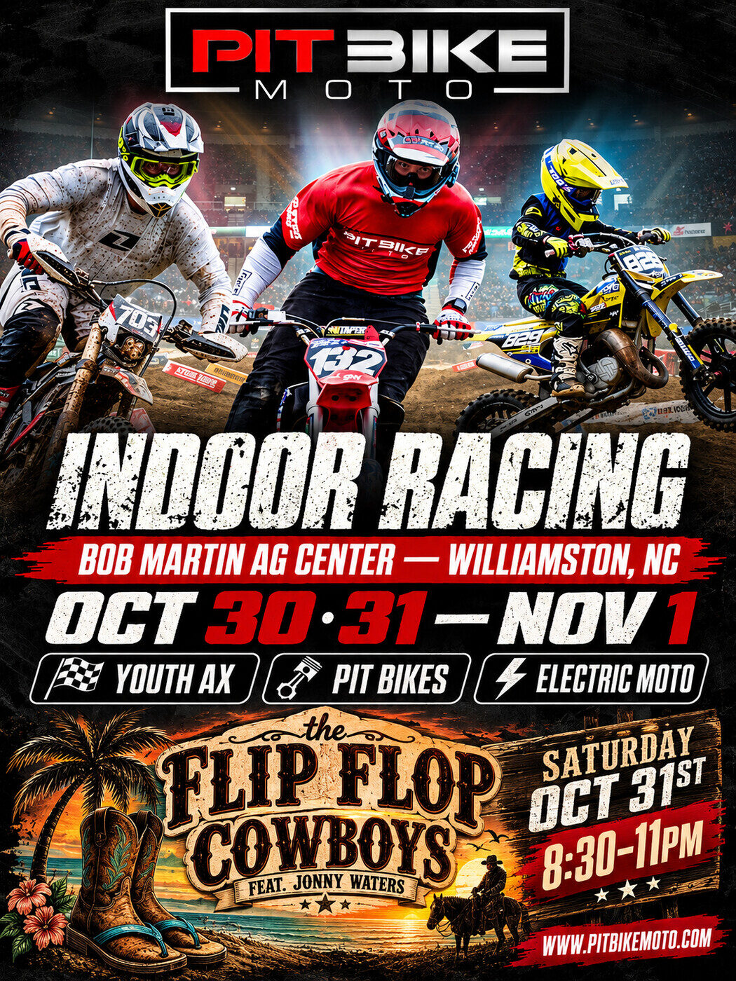 Pit Bike Moto — Indoor Racing event flyer, October 30–31 & November 1, Bob Martin Ag Center
